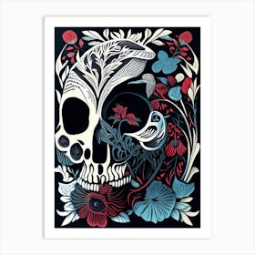 Skull With Bird 1 Motifs Colourful Linocut Art Print