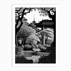 Shinjuku Gyoen National Garden, Japan Linocut Black And White Vintage Art Print