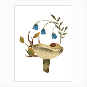 Snail On A Mushroom with blue flowers Art Print