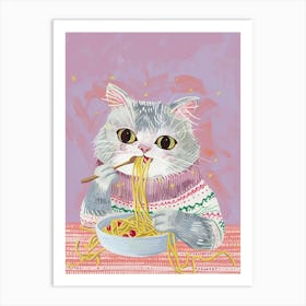 Grey Cat Pasta Lover Folk Illustration 1 Art Print