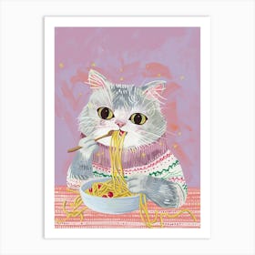 Grey Cat Pasta Lover Folk Illustration 1 Affiche