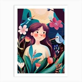 Luxmango Cute Little Girls With Birds And Flowers In Forest Art Print