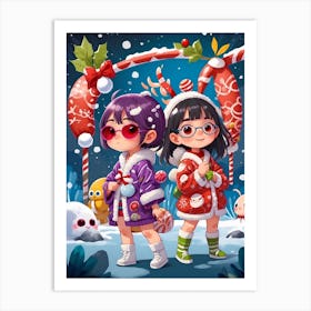 Two Girls In Christmas Outfits Art Print