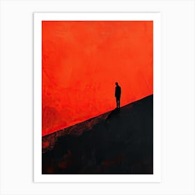 Man On A Hill, Black and Red Minimalism Art Print