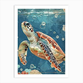 Textured Sea Turtle Collage With Bubbles 2 Art Print