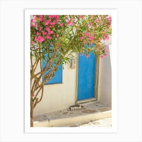 Pink Oleander And Blue Door In Paros 1 Art Print