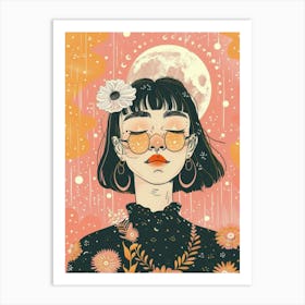 Girl With Glasses And Flowers Art Print