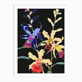 Neon Flowers On Black Aconitum 3 Art Print