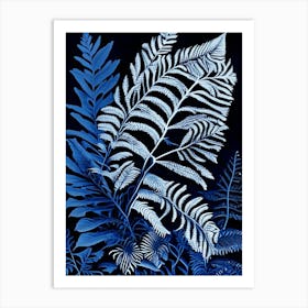 Crisped Blue Fern Linocut Art Print