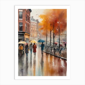 Amsterdam cafes, autumn season, rain, autumn oil colours.Faded colours,People passing on the street, winter clothes, rain umbrellas.6 1 Póster