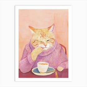 Tan Cat Having Breakfast Folk Illustration 3 Art Print