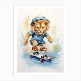 Skateboarding Watercolour Lion Art Painting 1 Art Print