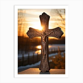 An Intricately Carved Wooden Cross Representing Faith Its Silhouette Beautifully Etched Against Thi (5) 1 Art Print