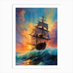 Sailing Ship At Sunset Art Print