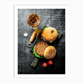 Burgers and beer — Food kitchen poster/blackboard, photo art Art Print