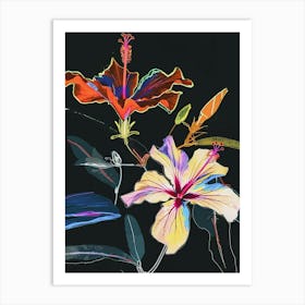 Neon Flowers On Black Hibiscus 3 Art Print