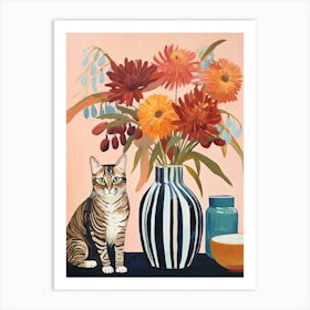 Protea Flower Vase And A Cat, A Painting In The Style Of Matisse 0 Art Print