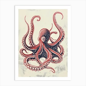 Sepia Red & Navy Octopus Art Print