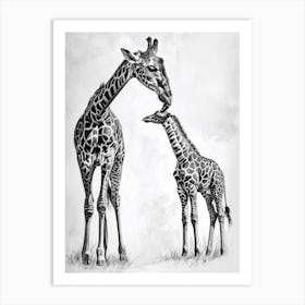Pencil Portrait Of Giraffe & Calf Art Print