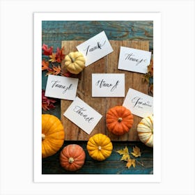 Assortment Of Wooden Thanksgiving Cards Arranged On A Rustic Wooden Table Backs Turned Towards The Art Print