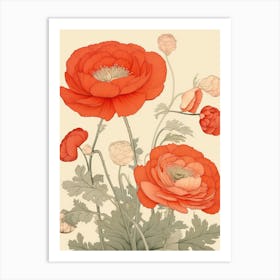Great Wave With Ranunculus Flower Drawing In The Style Of Ukiyo E 3 Art Print