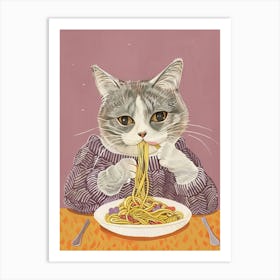 Cute Grey White Cat Eating Pasta Folk Illustration 3 Art Print