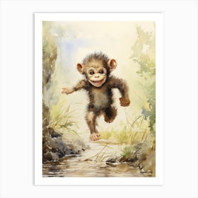 Monkey Painting Running Watercolour 1 Art Print