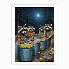 Raccoons At Night Art Print