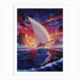 Anime Canvas Art: Majestic Sailboat at Fiery Sunset, Vibrant Sky with Dramatic Clouds and Ocean Waves, Perfect for Lofi Aesthetic and Seafaring Enthusiasts. Art Print