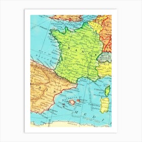 Map Of Europe, Spain, France, retro map, vintage map Art Print