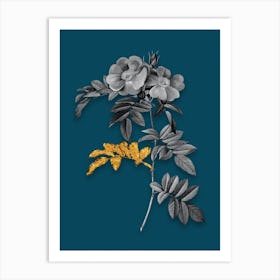 Vintage Shining Rosa Lucida Black and White Gold Leaf Floral Art on Teal Blue n.0901 Art Print