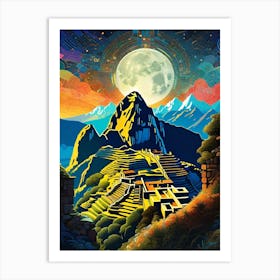 Machu Picchu Ancient City ~ Peruvian Travel Adventure Visionary Wall Decor Futuristic Sci-Fi Trippy Surrealism Modern Digital Psychedelic Cubic Fantasy Art Full Moons Stars Mandala Spiritual Fractals Space DMT Vibrant Art Print