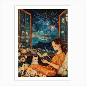 Girl Reading Book with Her Cat 4 Art Print