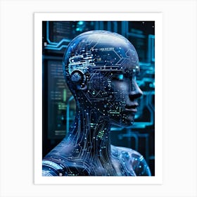 Abstract Painting Of A Cybernetic Human Head Integrating Seamlessly With A Futuristic Security Conce Art Print