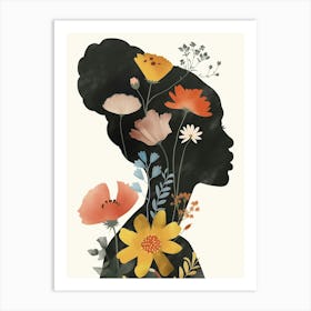 Silhouette Of A Woman With Flowers Art Print