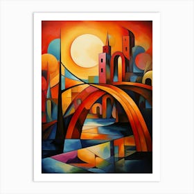 Bridges at Sunset I, Colorful Abstract Painting in Picasso Cubism Style Art Print