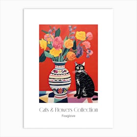 Cats & Flowers Collection Foxglove Flower Vase And A Cat, A Painting In The Style Of Matisse 0 Art Print