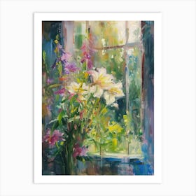 Iris Flowers On A Cottage Window 1 Art Print