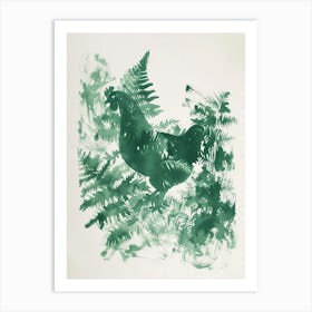 Green Ink Painting Of A Hen And Chicken Fern 1 Art Print