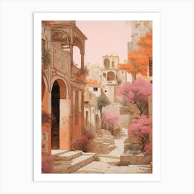 Crete Greece 3 Vintage Pink Travel Illustration Art Print