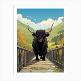 Animated Black Bull Crossing A Wooden Bridge 1 Art Print