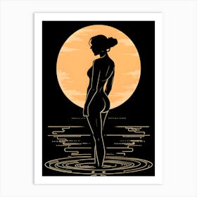 a woman silhouette in sunset tones against a black background. 1 Art Print