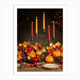 Autumn Harvest Table Centerpiece Overflowing With Gourds And Pumpkins Surrounded By Red And Gold C (1) Art Print