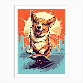 Corgi Dog Skateboarding Illustration 4 Art Print
