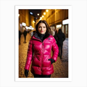 Woman in down jacket, walking in luminous city at night 6 Art Print