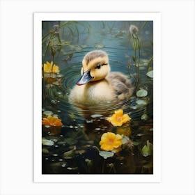 Duckling Swimming In The Pond With Petals 1 Art Print