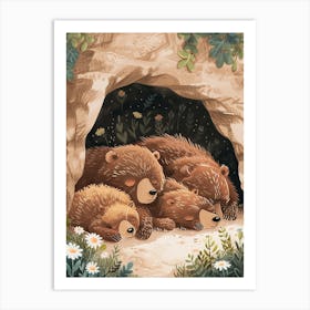 Sloth Bear Family Sleeping In A Cave Storybook Illustration 1 Art Print