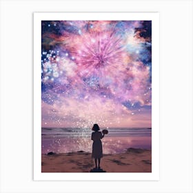 cosmic fireworks over a beach 2 Art Print