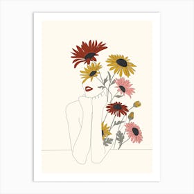 Colorful Thoughts Minimal Line Girl With Sunflowers Art Print