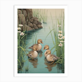 Ducklings In The River Japanese Woodblock Style 3 Art Print